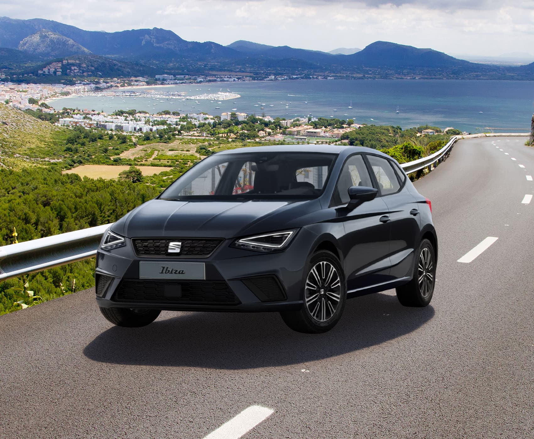 Vista completa de un SEAT Ibiza 2026 de color rojo, aparcado al aire libre
