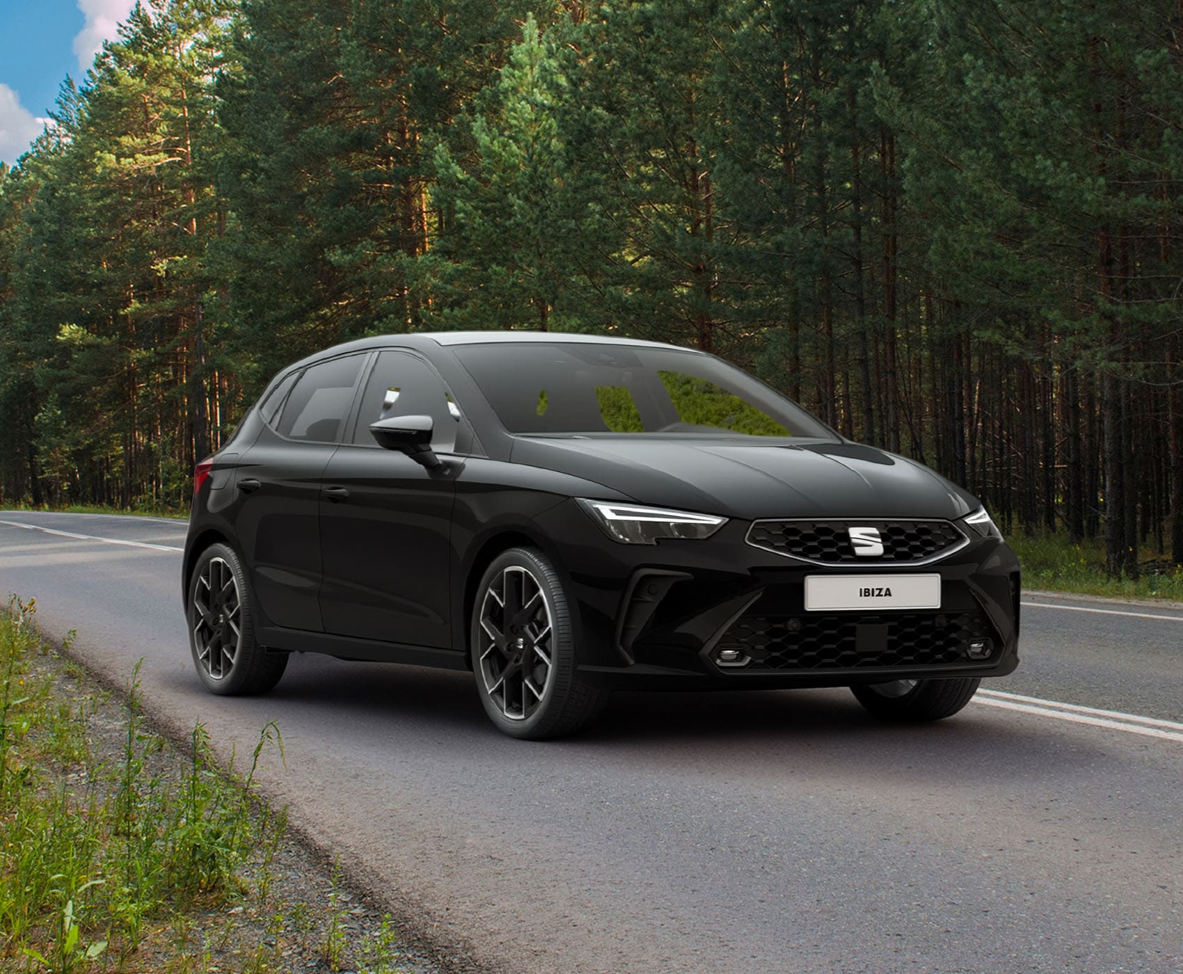 Vista completa de un SEAT Ibiza 2026 de color rojo, aparcado al aire libre