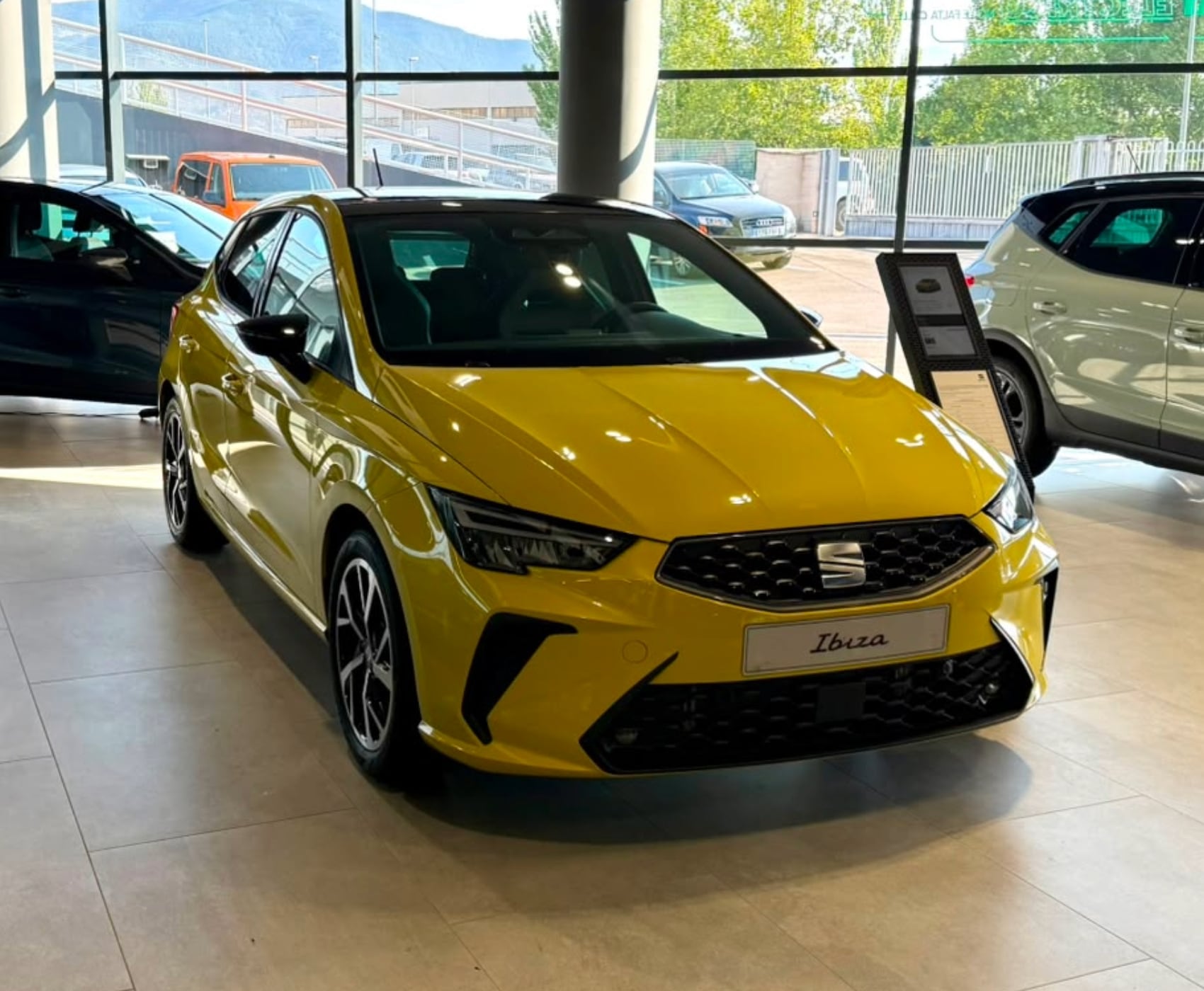 Vista completa de un SEAT Ibiza 2026 de color rojo, aparcado al aire libre
