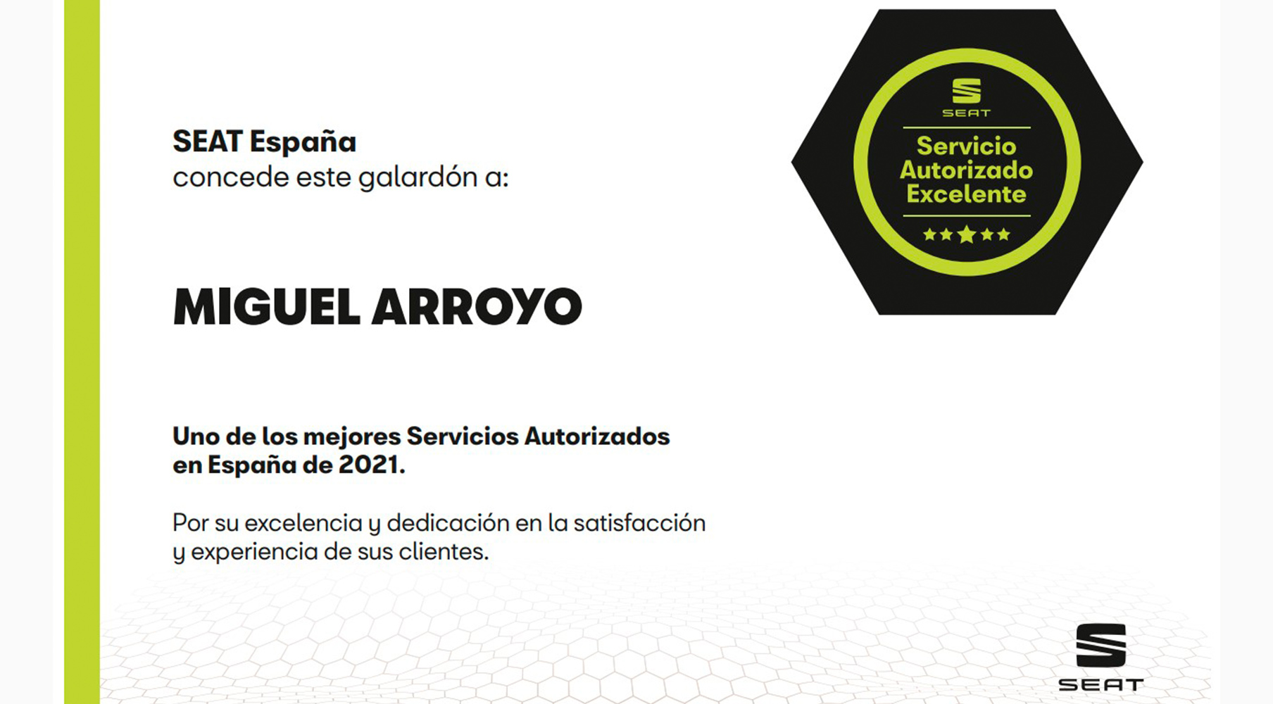 Servicio Postventa Miguel Arroyo Premio Excelencia SEAT 2021