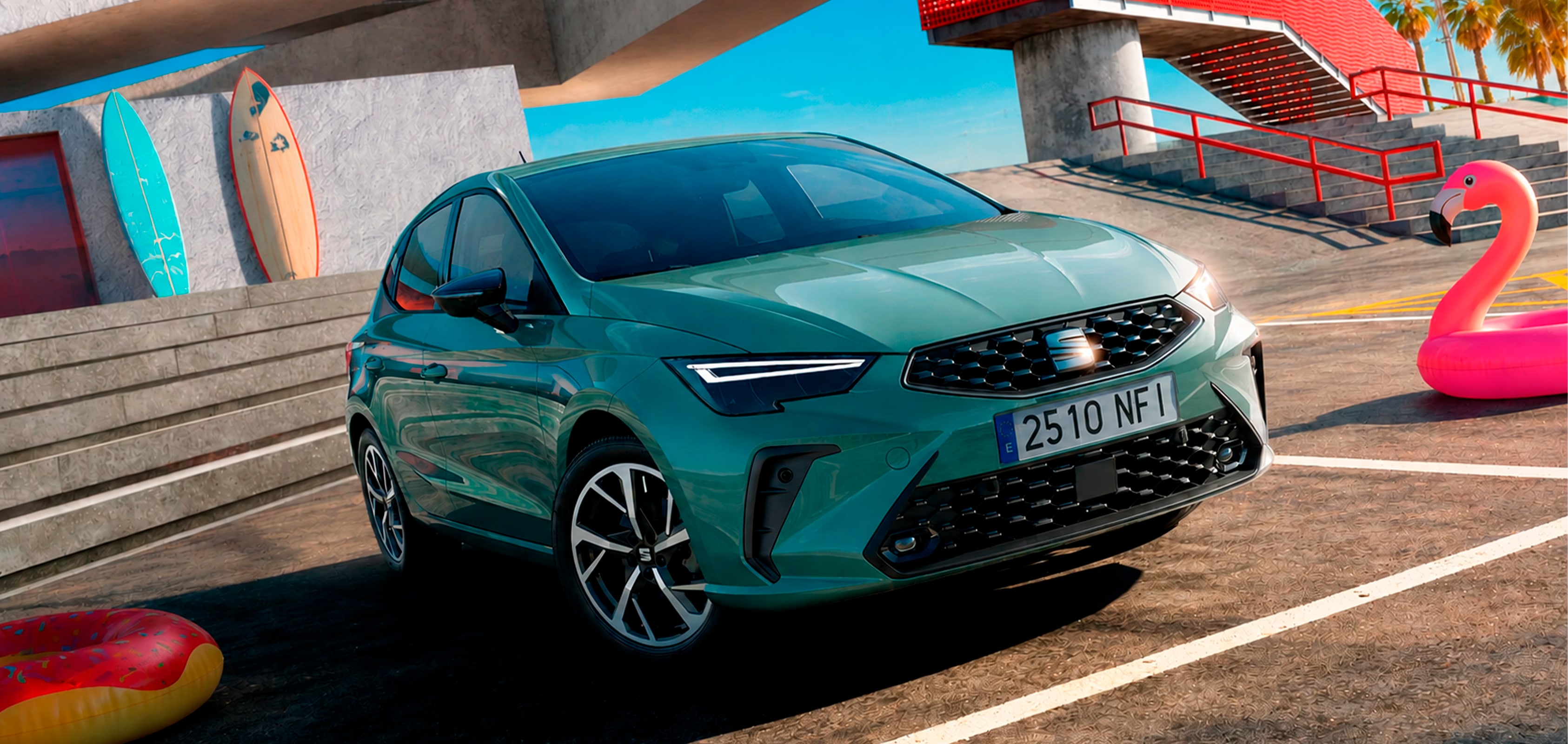 Vista completa de un SEAT Ibiza 2026 de color rojo, aparcado al aire libre