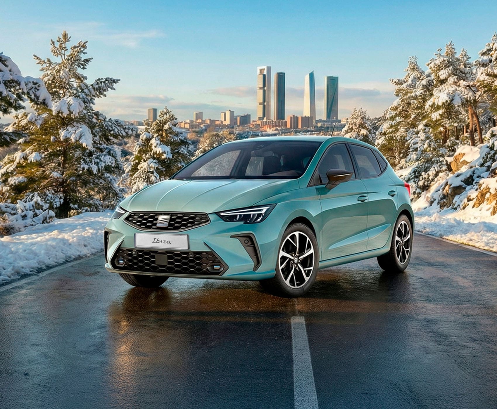 Vista completa de un SEAT Ibiza 2026 de color rojo, aparcado al aire libre