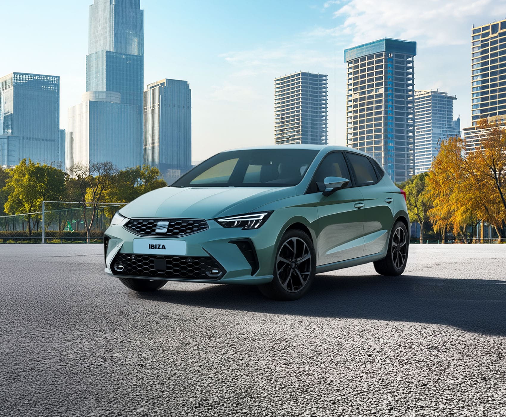 Vista completa de un SEAT Ibiza 2026 de color rojo, aparcado al aire libre