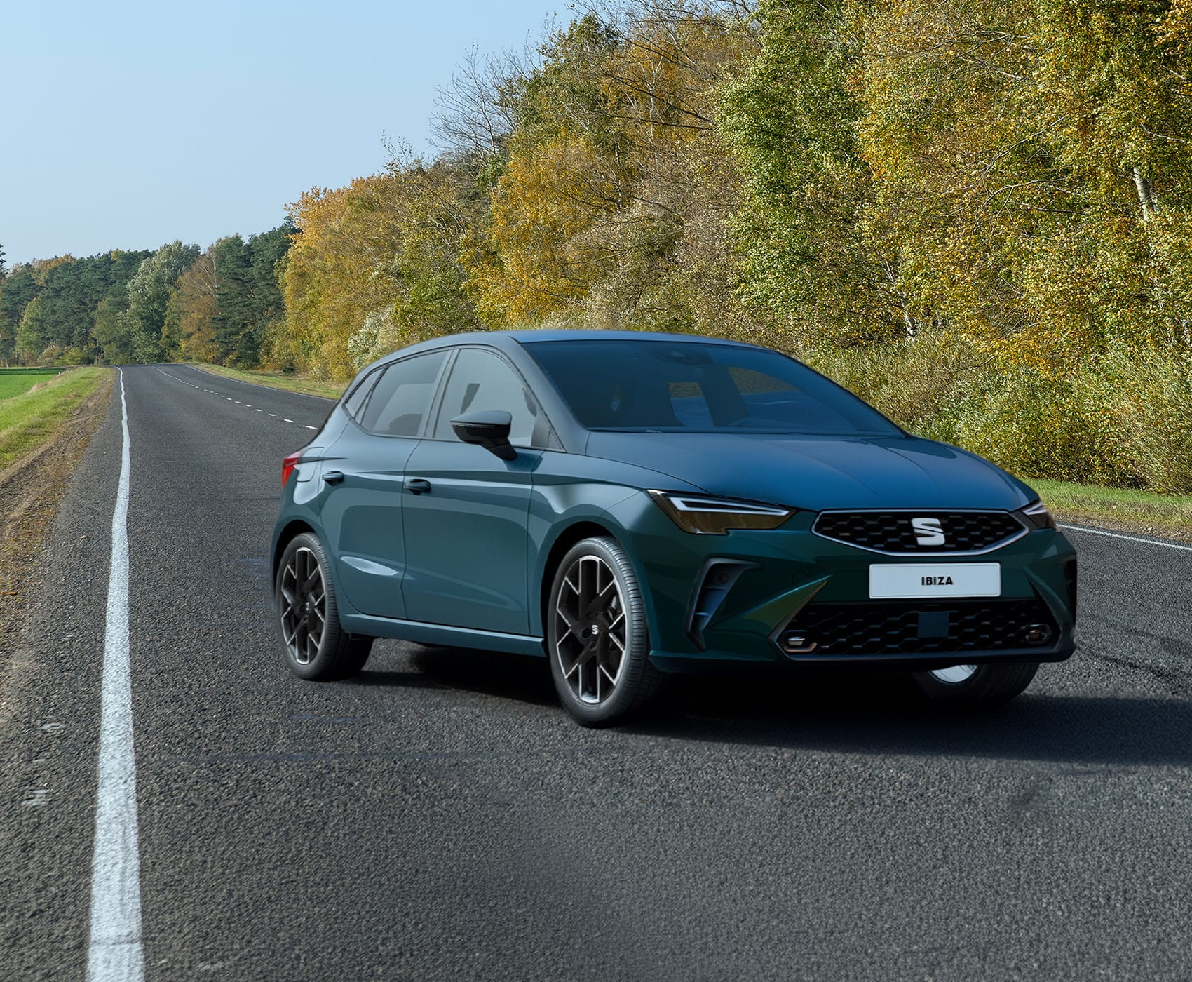 Vista completa de un SEAT Ibiza 2026 de color rojo, aparcado al aire libre